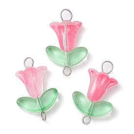 Glass Connector Charms, Hot Pink Flower Links with Stainless Steel Double Loops