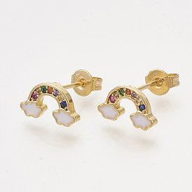 Brass Cubic Zirconia Stud Earrings, with Enamel and Ear Nuts, Rainbow, Golden