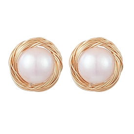 Brass Wired & Plastic Imitation Pearl Ear Studs, with 304 Stainless Steel Stud Earrings, Round