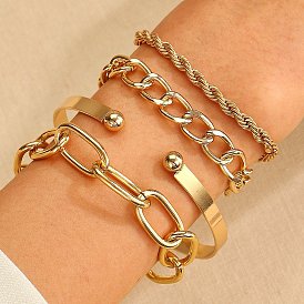 4Pcs 4 Style Light Gold Alloy Cuff Bangle and Chain Bracelet Sets, Jewelry Set for Women