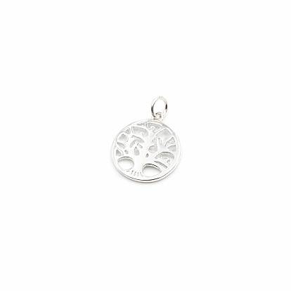 925 Sterling Silber Anhänger, flach rund mit Baum des Lebens, mit Sprungring