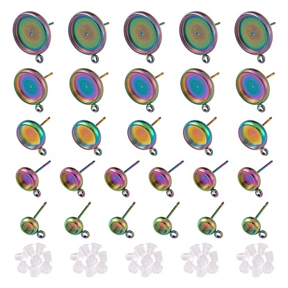 5 Style Ion Plating(IP) 304 Stainless Steel Stud Earring Settings, Flat Round, with Plastic Ear Nuts