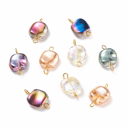 Brass Electroplate Glass Beads Connector Charms, Multi-color Plated, Golden, Square