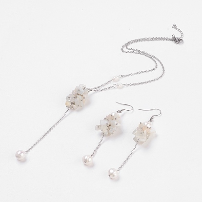Ensembles de bijoux naturels avec pierres précieuses et perles, pendentifs et boucles d'oreilles dangle, avec chaînes gourmettes et accessoires en acier inoxydable, des boîtes en carton