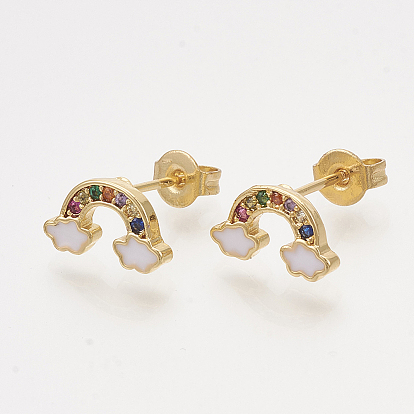 Brass Cubic Zirconia Stud Earrings, with Enamel and Ear Nuts, Rainbow, Golden
