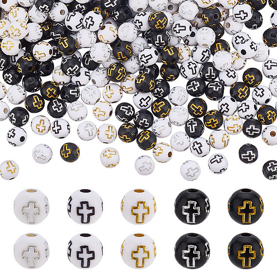 800 шт 5 цвета покрытия акриловых бусин, металла обвитые, круглые с крестом