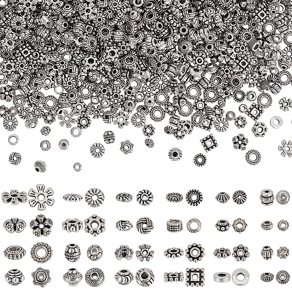 1200шт 24 стили тибетский стиль сплав разделители бусины, без свинца, без никеля и без кадмия, шестерня, рондель и ствол, разнообразные