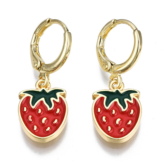 Brass Enamel Huggie Hoop Earrings, Nickel Free, Strawberry, Real 16K Gold Plated