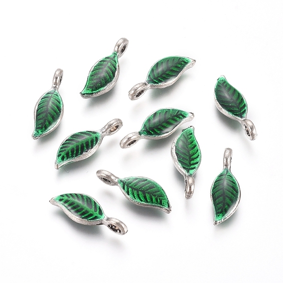 Antique Silver Plated Alloy Pendants, with Enamel, Leaf