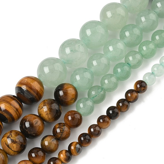 Нити бусин из натуральной красной яшмы, желтого нефрита, зеленого авантюрина, тигрового глаза, содалита и аметиста, круглые