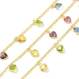 Colorful Glass Heart Charms Chains, with Rack Plating Eco-Friendly Handmade Brass Rolo Chains, Soldered, with Spool, Lead Free & Cadmium Free & Nickel Free
