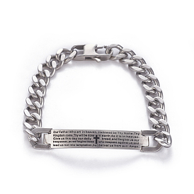 304 Stainless Steel Curb Chain ID Bracelets, with Lobster Claw Clasps, Religion, Rectangle with Bible
