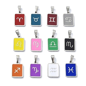 304 Stainless Steel Pendants, with Enamel, Stainless Steel Color, Rectangle with Constellation Charms