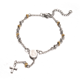 Bracelets de perles de chapelet avec croix, 304 bracelet en acier inoxydable pour Pâques, ovale avec la Vierge Marie, 9 pouces (230 mm)