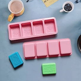 Rectangle with Flower Pattern DIY Silicone Soap Molds, for Handmade Soap Making, 4 Cavities