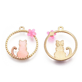 Alloy Pendants, with Enamel and Resin, Round Ring with Cat Shape and Ring, Golden