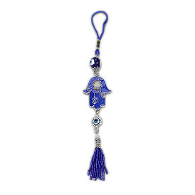 Pendentif main de Hamsa/main de Miriam en métal émaillé avec décorations en forme de mauvais œil, pompon en verre soufflé pour décoration de maison ou de voiture