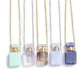 Natural Gemstone Openable Perfume Bottle Pendant Necklaces, with 304 Stainless Steel Cable Chain and Plastic Dropper, Bottle