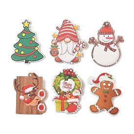 Christmas Theme Wood Printed Brooches for Women, Iron Pins, Christmas Tree/Elk/Gingerbread Man