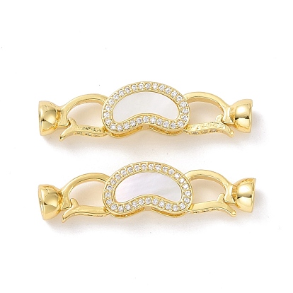 Brass Micro Pave Clear Cubic Zirconia Fold Over Clasps, with White Shell, Cadmium Free & Lead Free, Bean