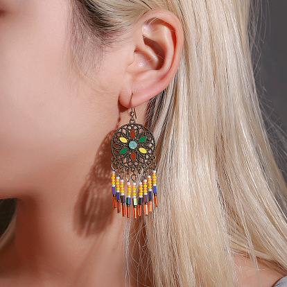 Ethnic style jewelry color carved multi-layer rice bead tassel earrings female retro court style hollow pattern earrings