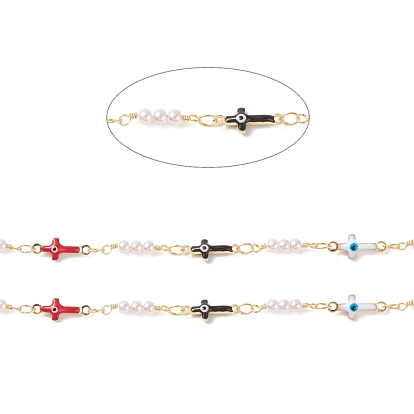 Brass Enamel Cross with Evil Eye Link Chains, with CCB Imitation Pearl Beaded, Soldered, with Spools, Cadmium Free & Lead Free, Real 18K Gold Plated