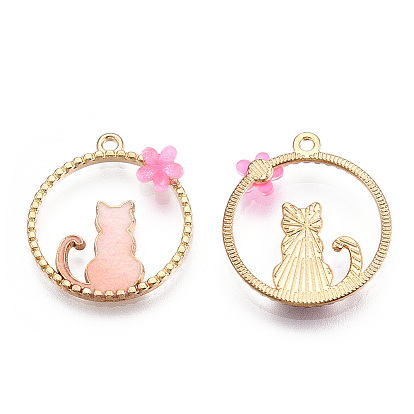 Alloy Pendants, with Enamel and Resin, Round Ring with Cat Shape and Ring, Golden