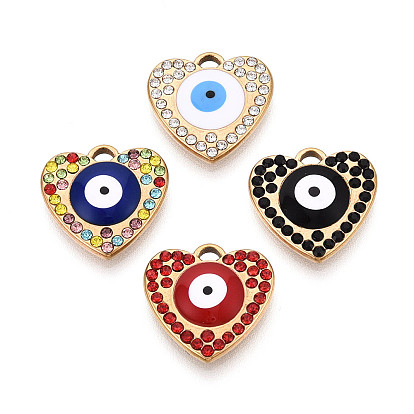 304 из нержавеющей стали горный хрусталь подвески, обереги в форме сердца и от сглаза, с эмалью, вакуумное покрытие pvd, реальный 18 k позолоченный