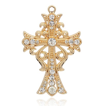 Light Gold Plated Alloy Rhinestone Big Pendants, Long-Lasting Plated, Latin Cross, 90x58x7mm, Hole: 4mm