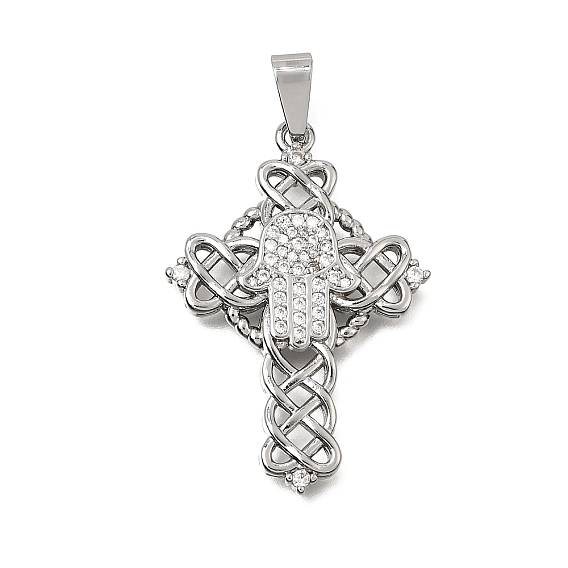 Brass Micro Pave Clear Cubic Zirconia Pendants, Twisted Cross with Hamsa Hand Charms