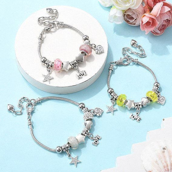 Латунные европейские бусины браслеты с подвесками, платиновые браслеты-змейки для женщин, звезда и сердце и слово любовь, cmолой