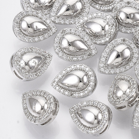 Brass Shank Buttons, with Micro Pave Cubic Zirconia, Teardrop, Clear