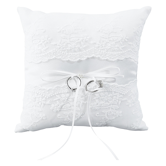 Square Polyester Lace Wedding Ring Display Pillow with Bowknot