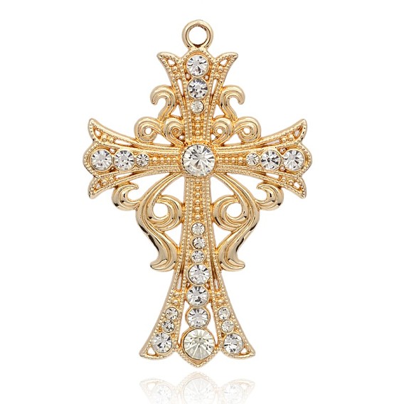 Pendentifs en alliage plaqué or léger strass gros, plaqué longue durée, croix latin , 90x58x7mm, Trou: 4mm