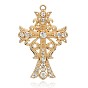 Pendentifs en alliage plaqué or léger strass gros, plaqué longue durée, croix latin , 90x58x7mm, Trou: 4mm