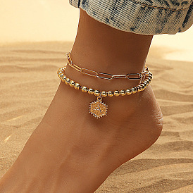 Geometric Multi-layer Anklet Set with Paperclip Letter Charm, 2 Pieces for Women