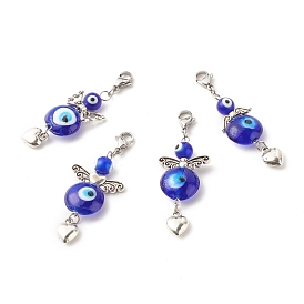Wings & Heart Tibetan Style Alloy Pendant Decorates, with Evil Eye Lampwork Beads & 304 Stainless Steel Lobster Claw Clasps