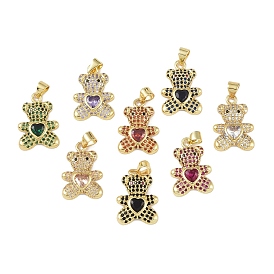 Brass Micro Pave Cubic Zirconia Pendants, with Glass, Real 18K Gold Plated, Bear Charms