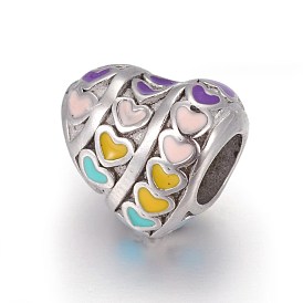 Retro Ion Plating(IP) 304 Stainless Steel European Beads, with Enamel, Large Hole Beads, Heart