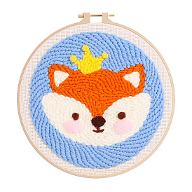 DIY Fox Pattern Punch Needle Embroidery Beginner Kits, including Printed Fabric, Yarn & Needle, Threader, Embroidery Hoop, Punch Pen, Instruction Sheet