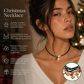 Рождественский мультяшный кулон из сплава с эмалью, подвеска на шею для женщин, с регулируемой черной веревкой, красный и зеленый, золотые
