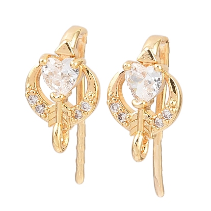 Серьги-крючки в форме сердца из латуни с микропаве из прозрачных кубических цирконий, долговечный, без никеля , с петлей