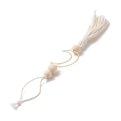 Natural Wood Bead Tassel Pendant Decoraiton, Moon Brass Linking Rings and Macrame Cotton Cord Hanging Ornament
