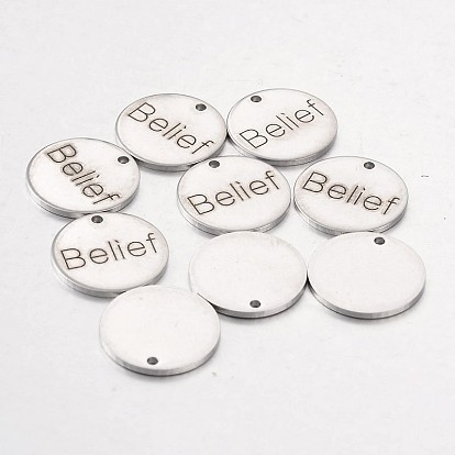201 Stainless Steel Pendants, Inspirational Message Pendants, Flat Round with Word, 15x1mm, Hole: 1.3mm