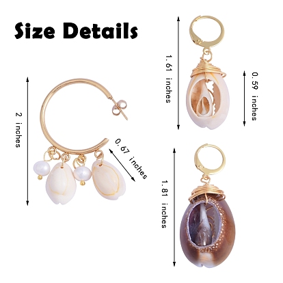 3 Pairs 3 Style 304 Stainless Steel Dangle Earrings, with Natural Cowrie Shell Beads and Pearl Beads