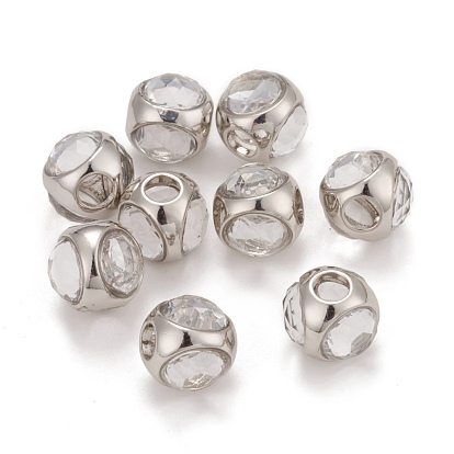 Brass Micro Pave Clear Cubic Zirconia Beads, Large Hole Beads, Cadmium Free & Nickel Free & Lead Free, Round