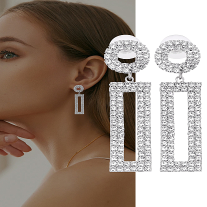 1 paires de bagues en laiton et strass avec boucles d'oreilles pendantes rectangulaires pour femmes
