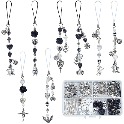 Наборы для самостоятельного изготовления ремней для мобильных устройств, включая подвески из сплава, бусины и оправу для бусин, бусины из пластика, акрила, стеклянного жемчуга и синтетической бирюзы, Ремешок для мобильного телефона, латунный штифт с проушиной и соединительное кольцо