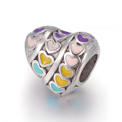Retro Ion Plating(IP) 304 Stainless Steel European Beads, with Enamel, Large Hole Beads, Heart