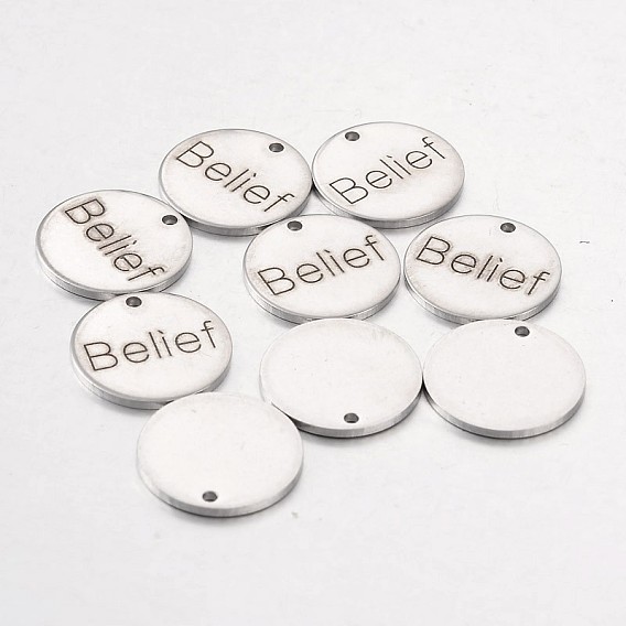 201 Stainless Steel Pendants, Inspirational Message Pendants, Flat Round with Word, 15x1mm, Hole: 1.3mm
